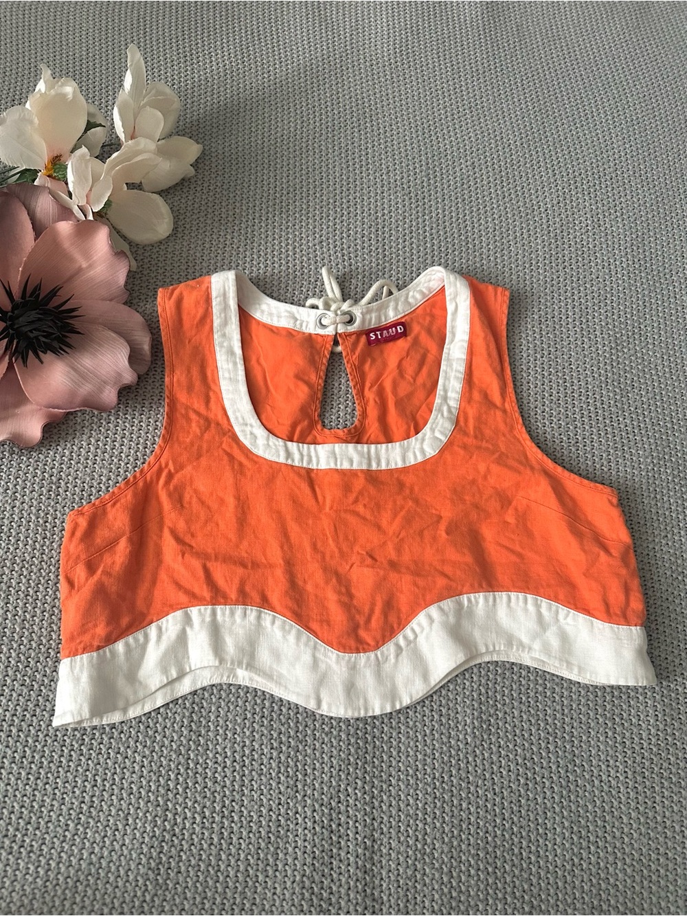 STAUD Livia Scallop Crop Top Orange Linen Size Large